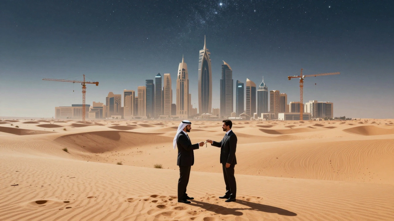 Desert transforming into futuristic city under stars, with cranes and shadowy figures exchanging keys.