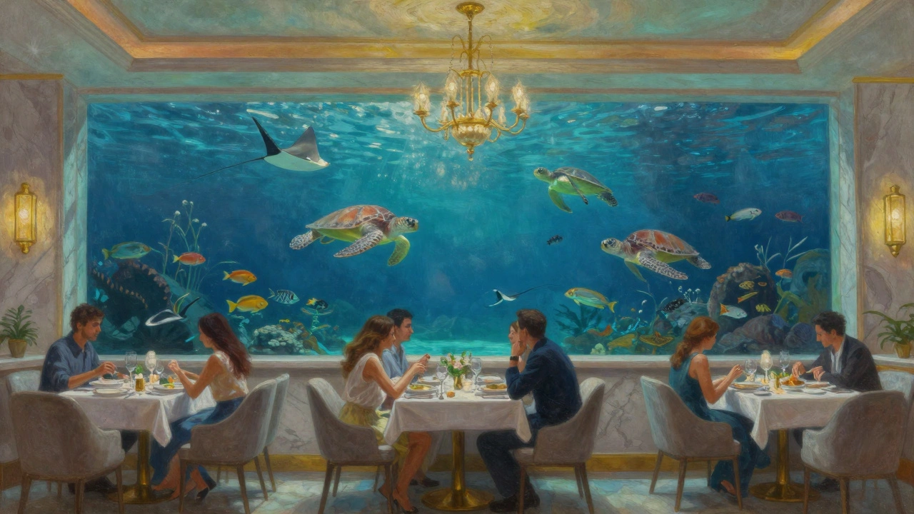 Diners in an underwater restaurant surrounded by marine life in a massive aquarium, soft blue lighting.