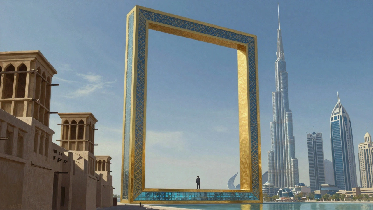 Dubai Frame showing historic and modern city views on either side, with a person standing on the glass floor.