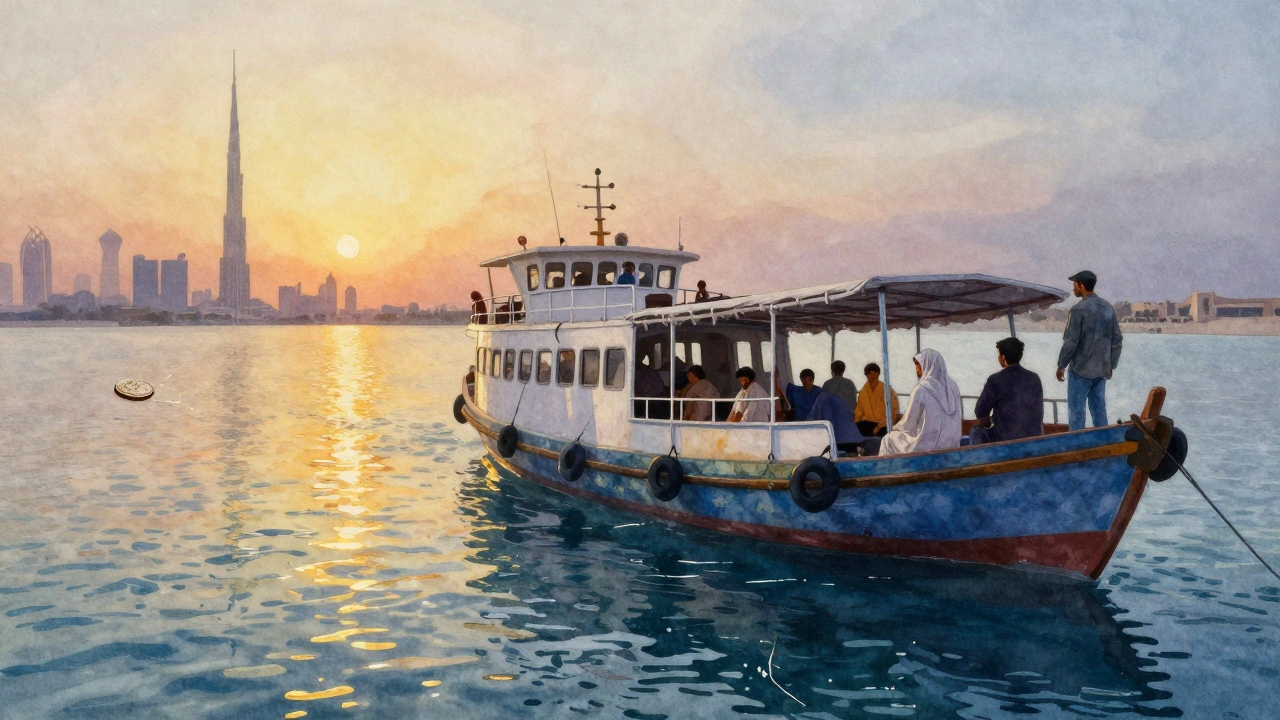 Ferry crossing Dubai Creek at sunset with a 1-dirham coin reflecting in the water.