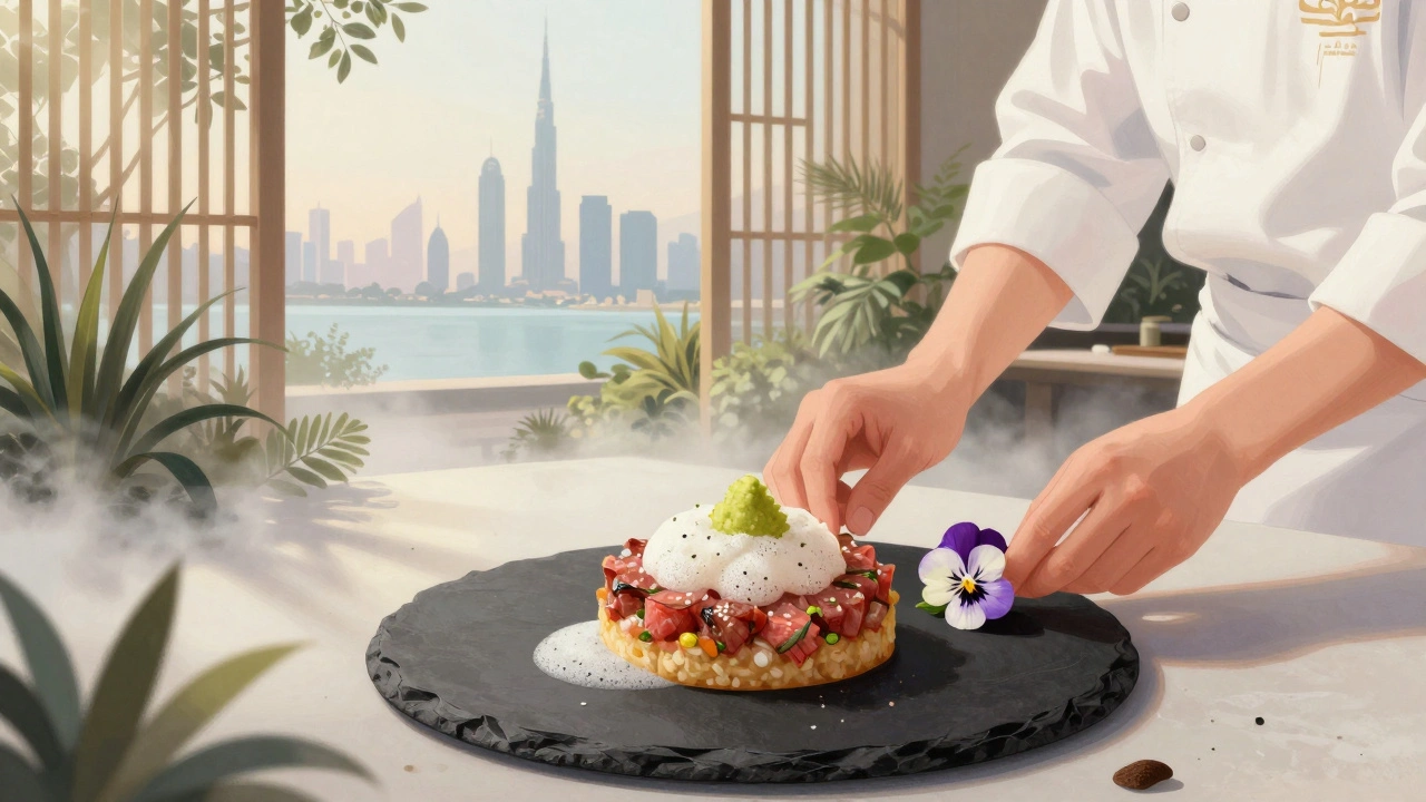 French-Japanese fusion dish at Le Jardin with wagyu tartare and wasabi foam, set in a misty garden overlooking Marina.