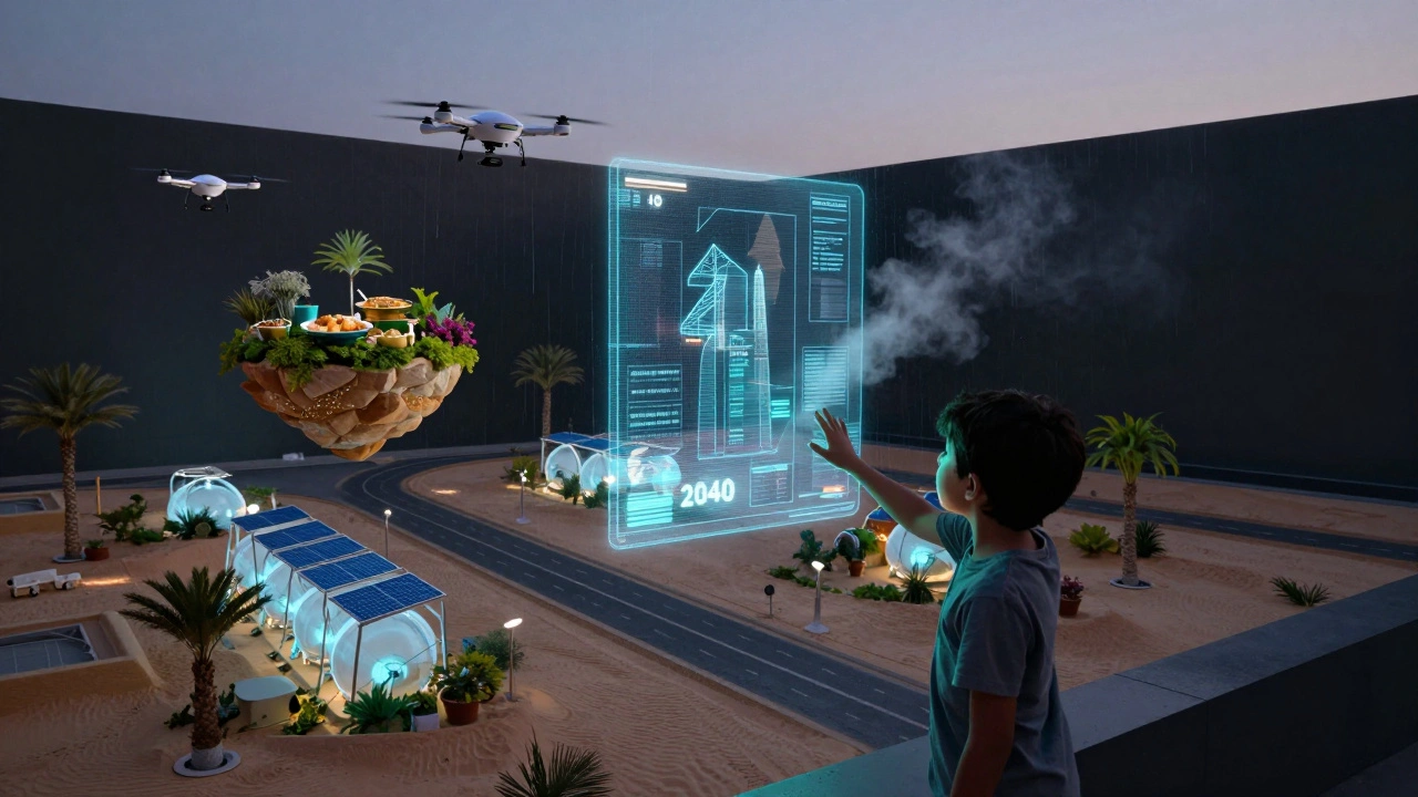 Futuristic gallery with holograms of floating gardens and drones in a dim, immersive space.