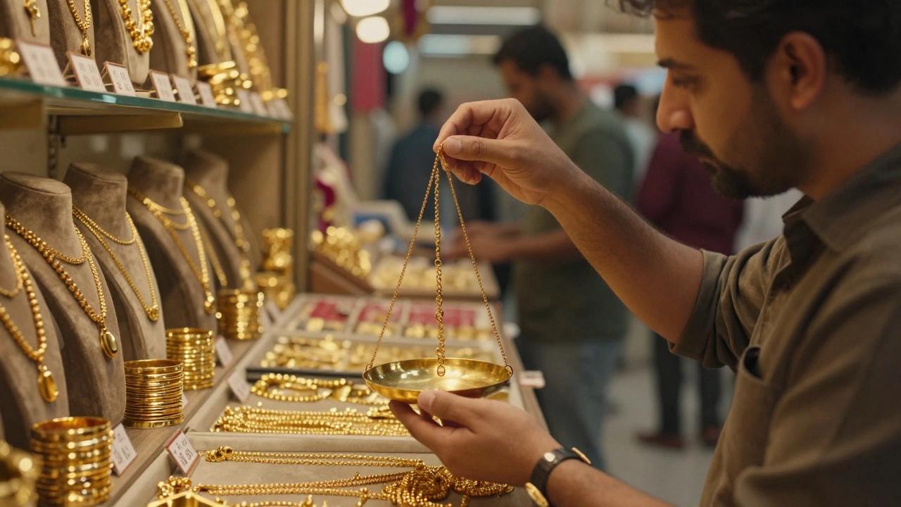 Goldsmith weighing a gold chain in Dubai's Gold Souk with shelves of gleaming jewelry.