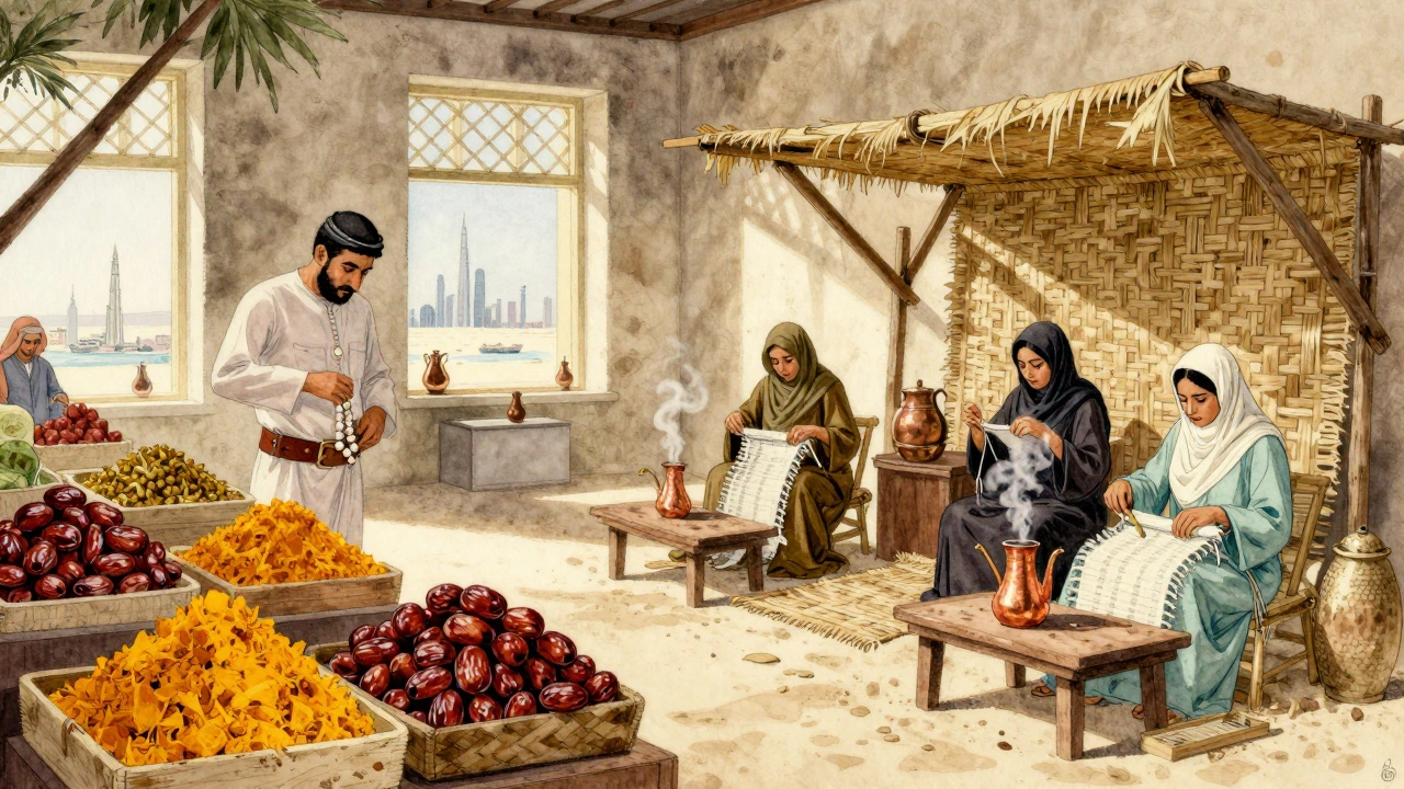 Historical gallery diorama of 1970s Dubai with market stalls, pearl divers, and traditional homes.