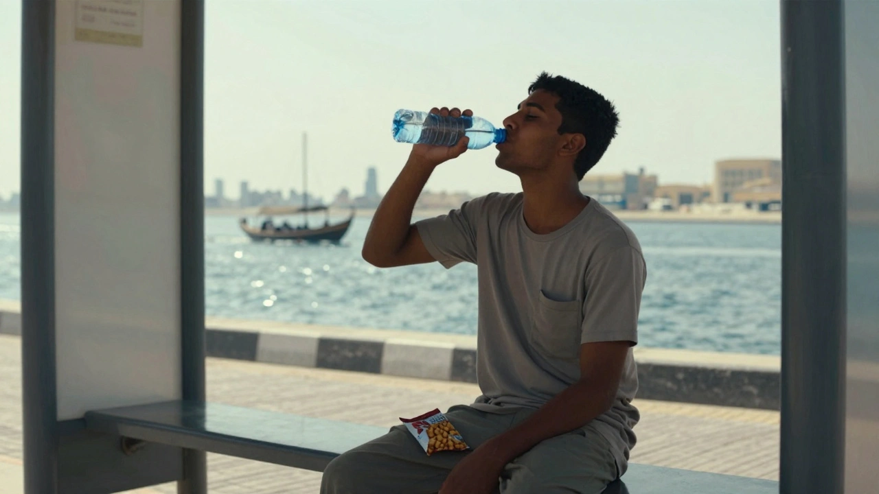 Laborer drinking water from a plastic bottle at a bus stop near Dubai's old market.