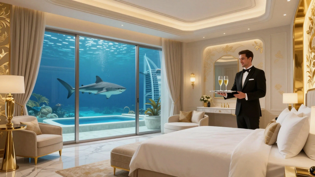 Luxurious suite interior with gold accents, underwater shark view, and butler serving champagne.