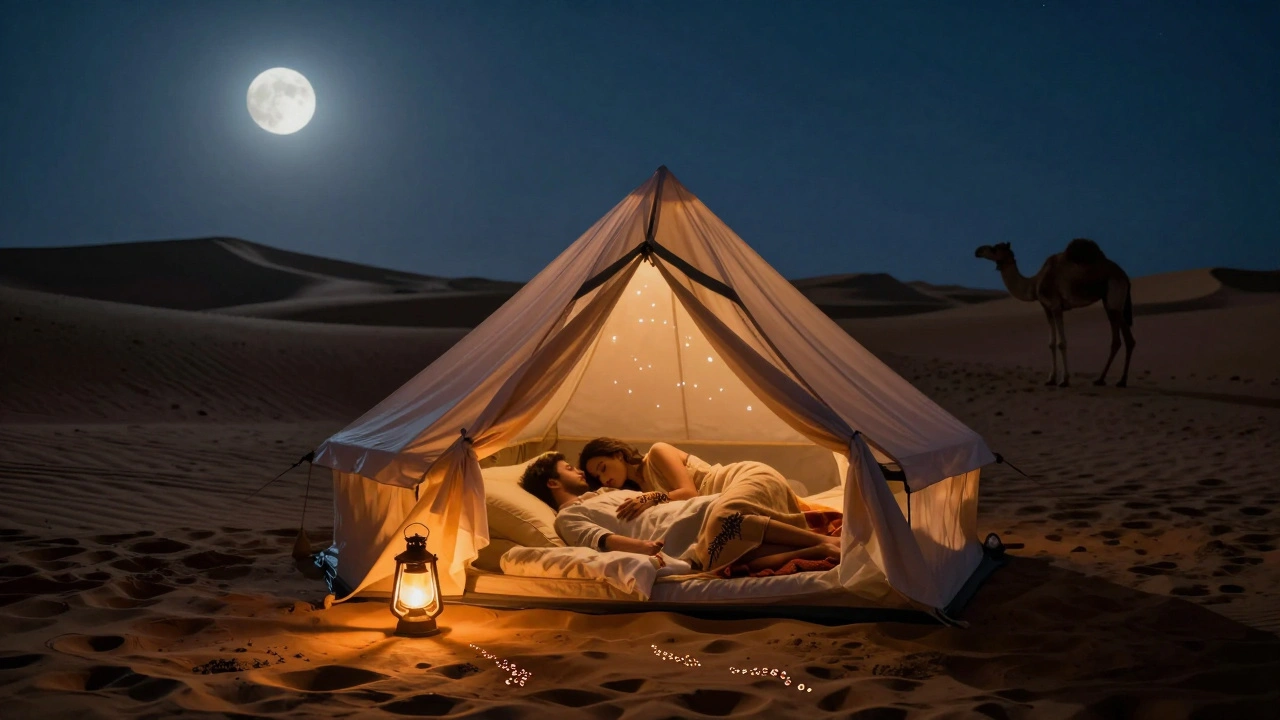 Luxury desert tent glowing at night with couple sleeping under the stars, dunes stretching into darkness.