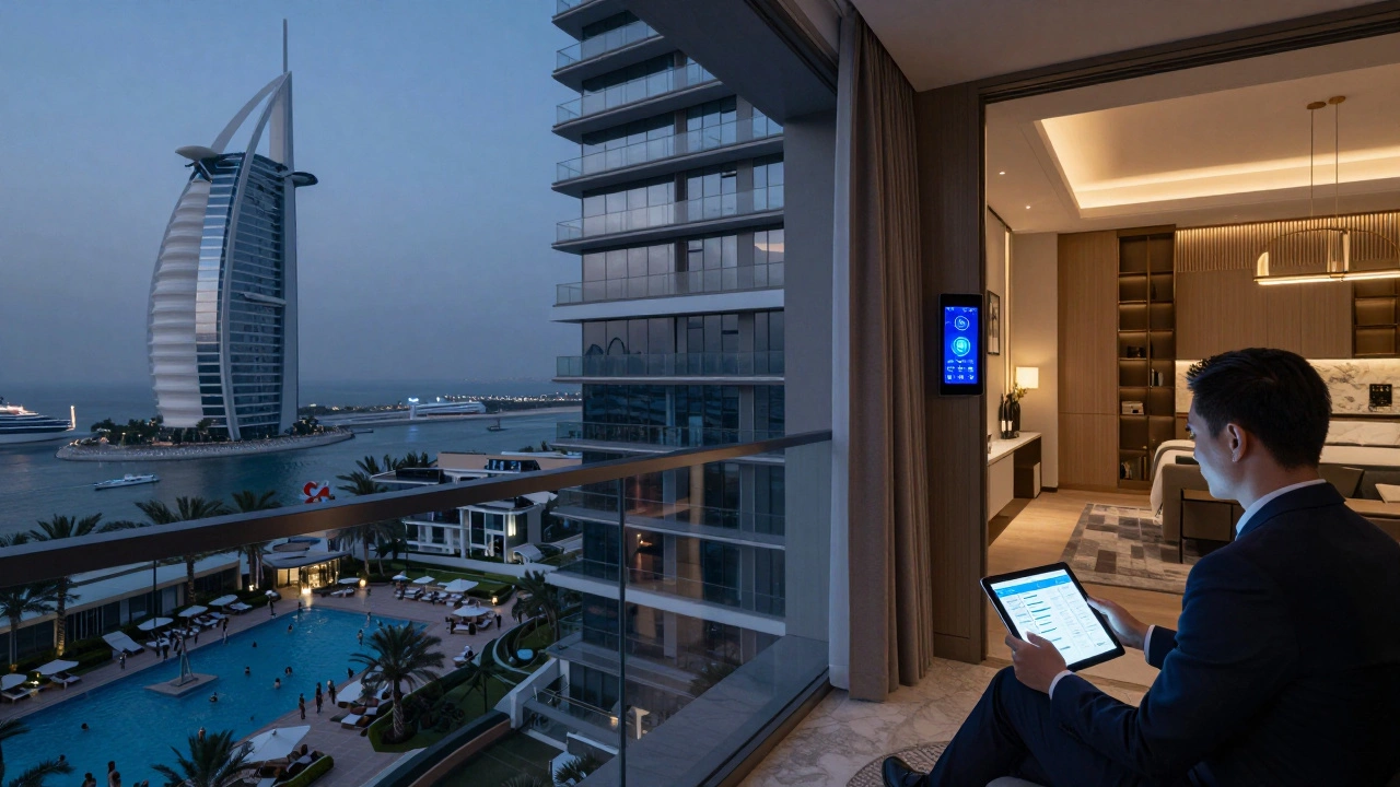 Modern high-rise apartment on Palm Jumeirah's Trunk with calm interior and bustling pool deck below.