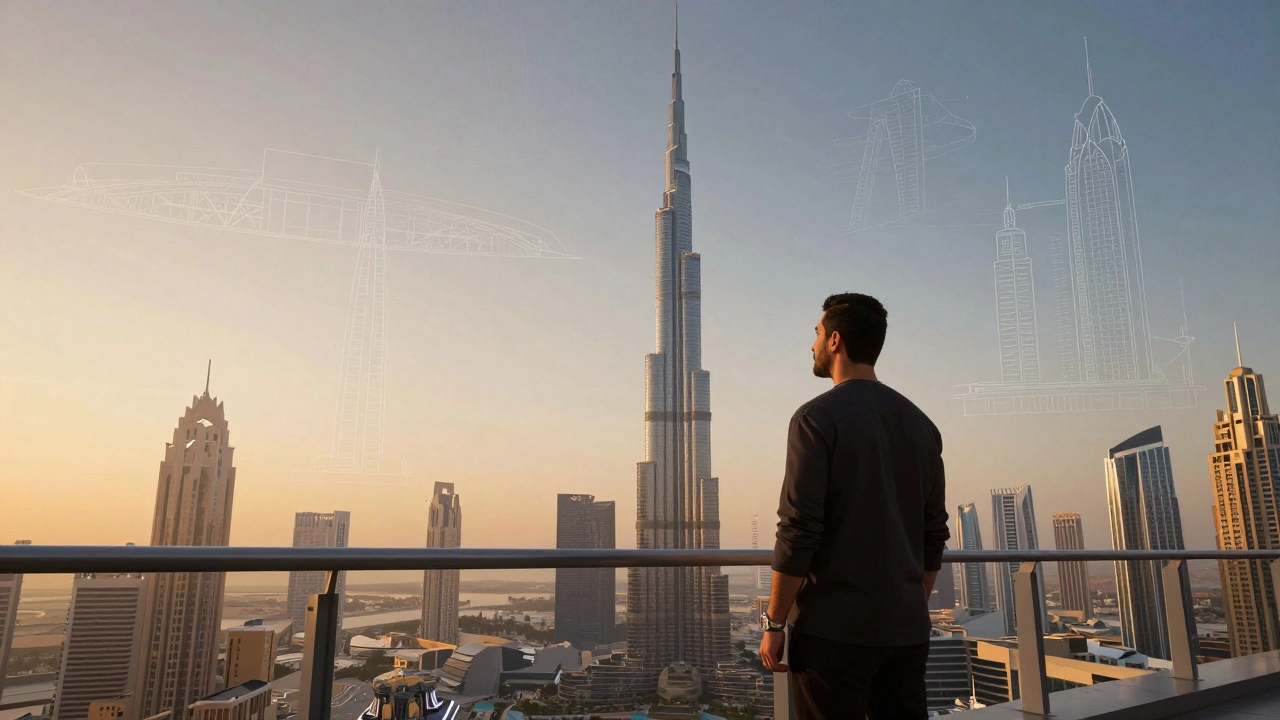 Mohammed Alabbar on Burj Khalifa balcony, overlooking Dubai's iconic developments floating as blueprints behind him.