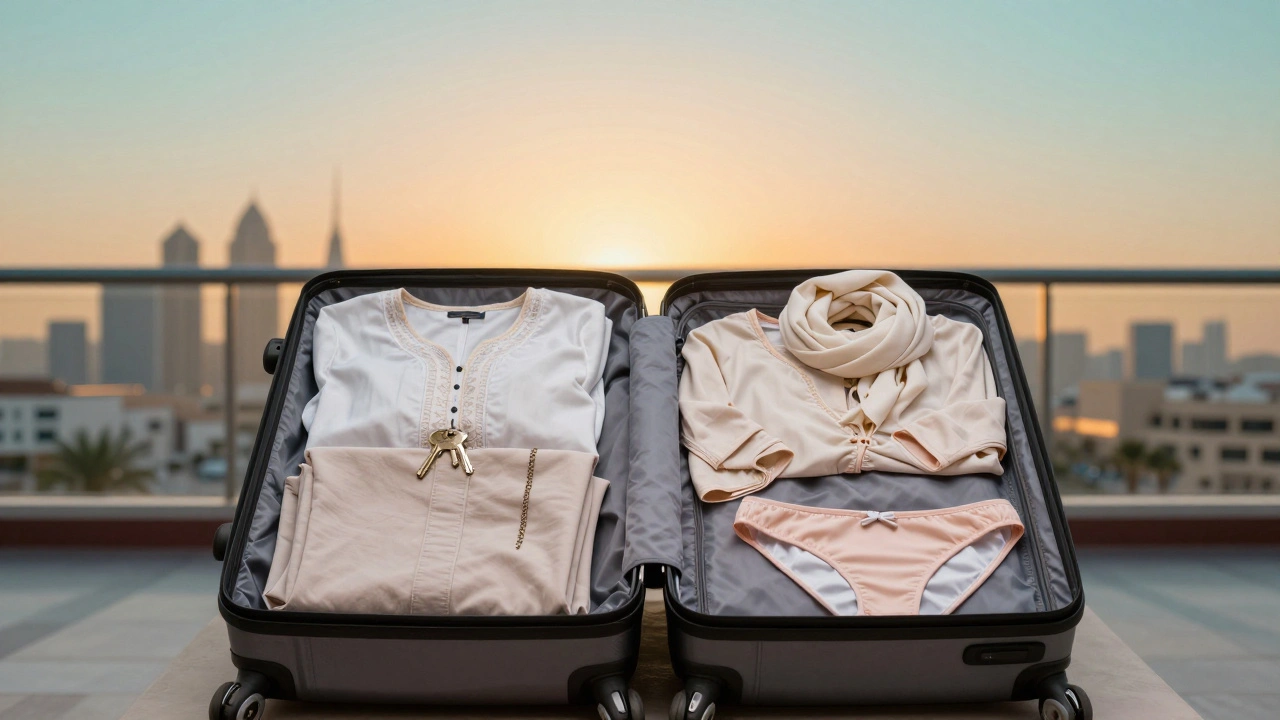 Open suitcase on hotel balcony with five modest clothing items, Dubai skyline glowing at sunset in the background.