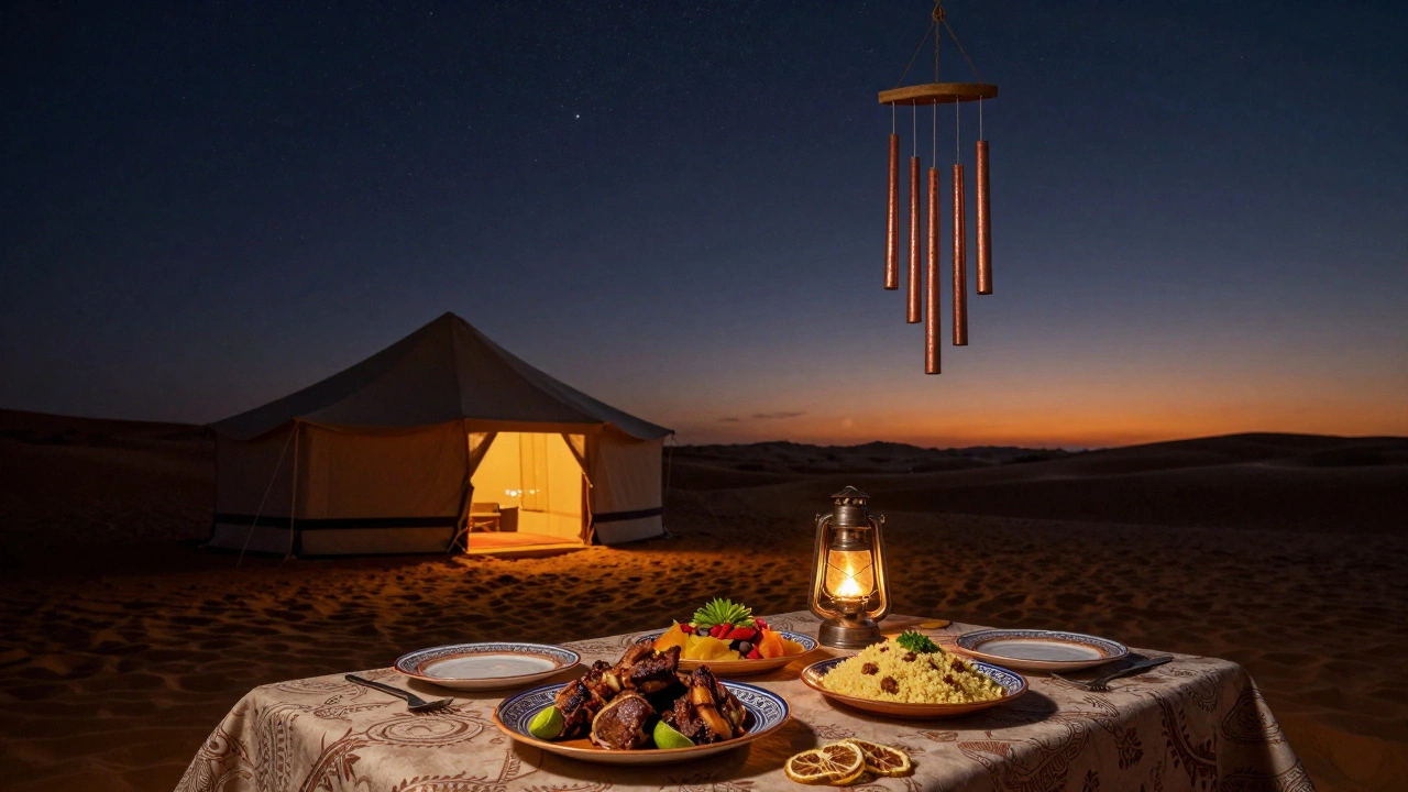 Private desert tent dining under a starry sky with Emirati dishes, illuminated by lanterns in the Arabian dunes.