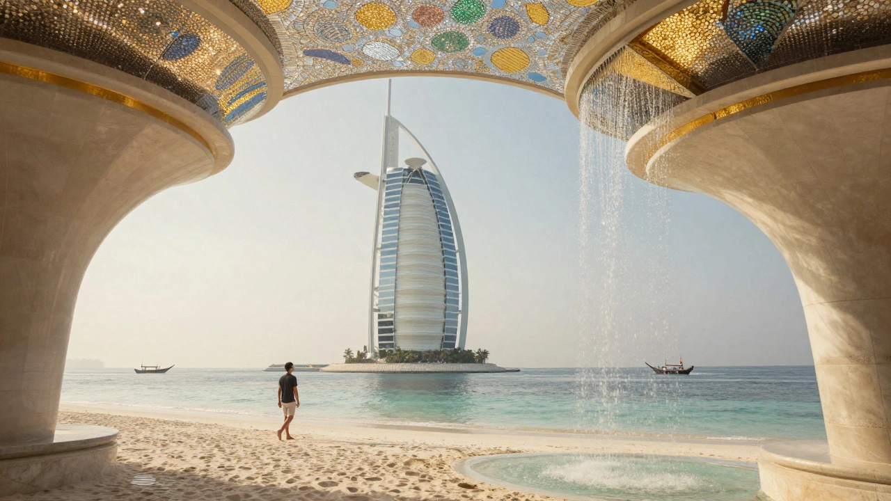Serene view of Burj Al Arab's atrium with crystal ceiling mosaic and golden waterfall, overlooking a private beach.