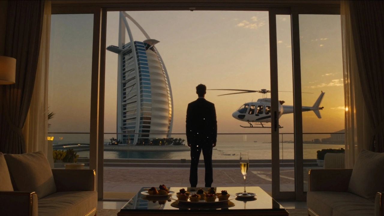 Silhouetted guest on private terrace at dusk with helicopter nearby, symbolizing exclusive luxury.