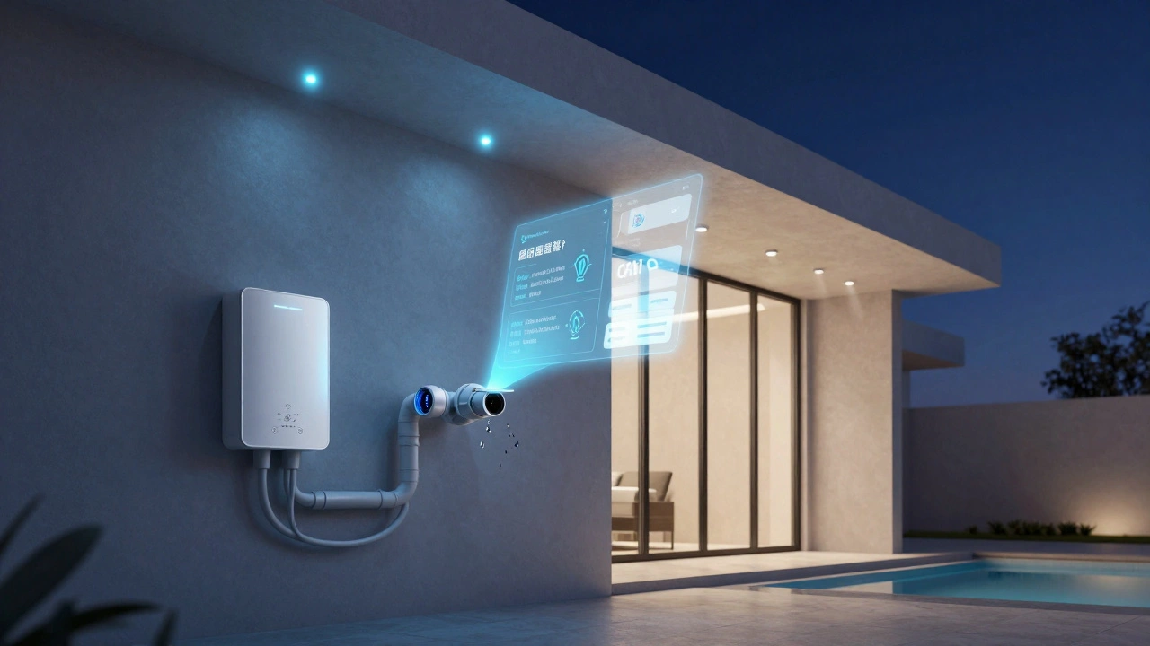Smart villa with glowing sensors detecting a hidden leak before it becomes a major issue.