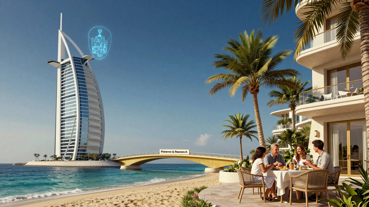 Split image contrasting new construction with established luxury home on Palm Jumeirah, connected by a golden bridge.