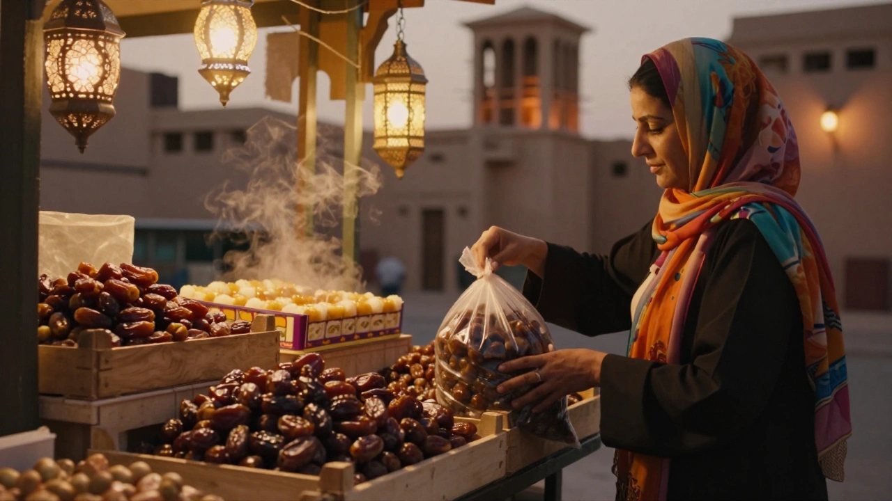 Street stall at dusk selling fresh dates and luqaimat under warm lantern lights.