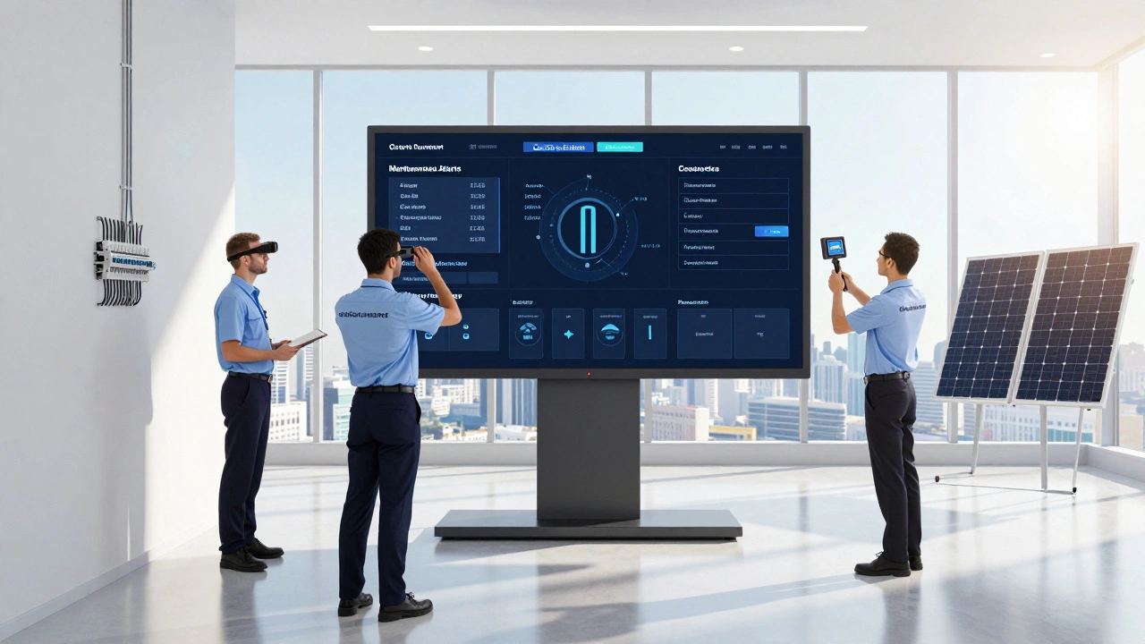 Team of technicians managing property maintenance via a digital dashboard in a modern office.