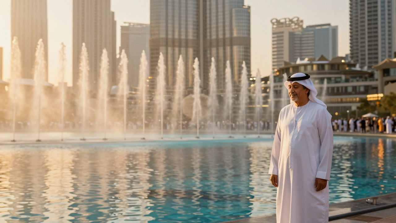 The Dubai Fountain at dusk with water dancing and a lone elder smiling by the shore.