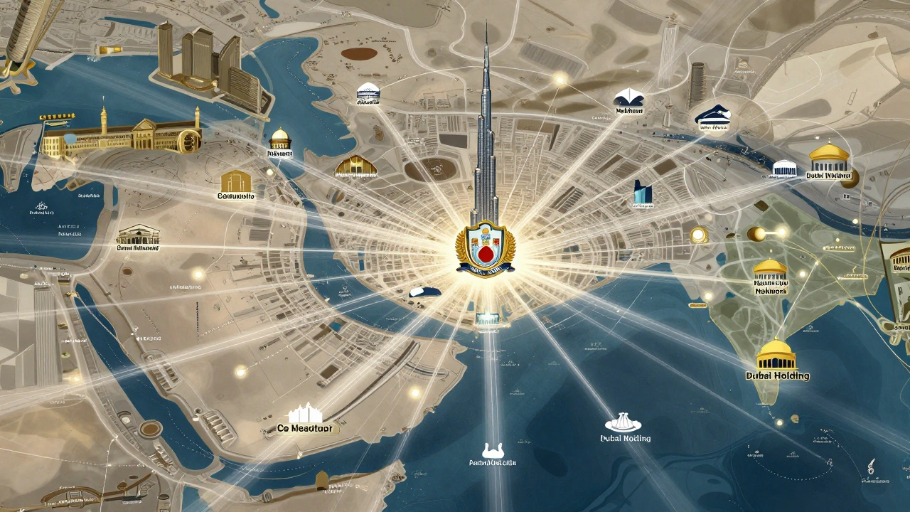 Transparent map of Dubai showing institutional developers radiating from the Al Maktoum family crest with foreign investment flows.