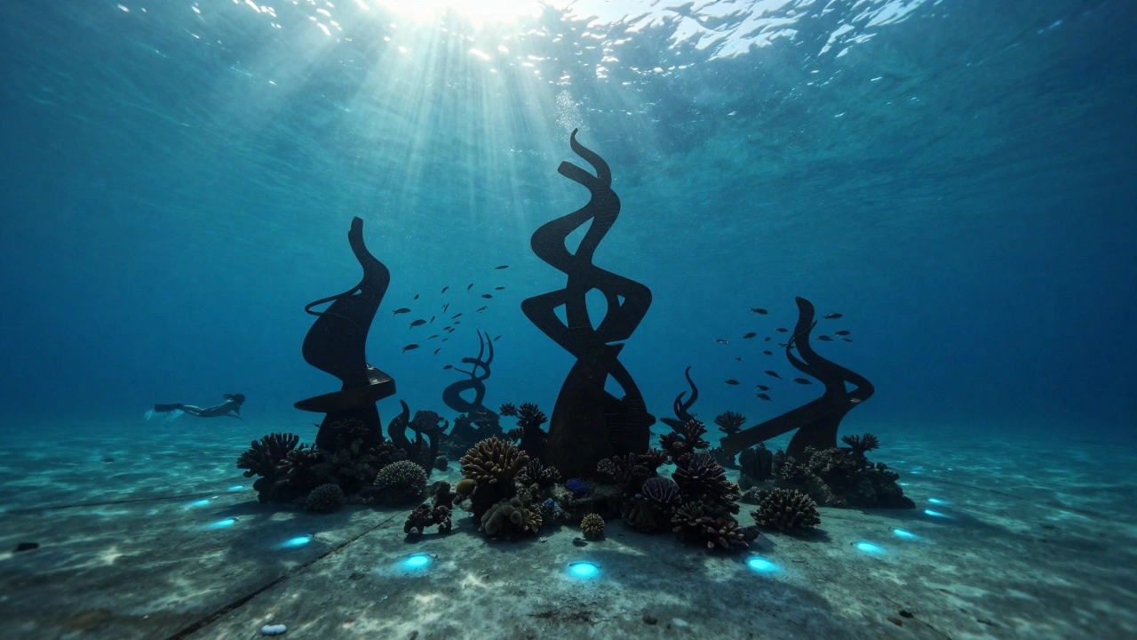 Underwater art gallery with sculptures covered in coral, fish swimming around, and sunlight filtering from above.