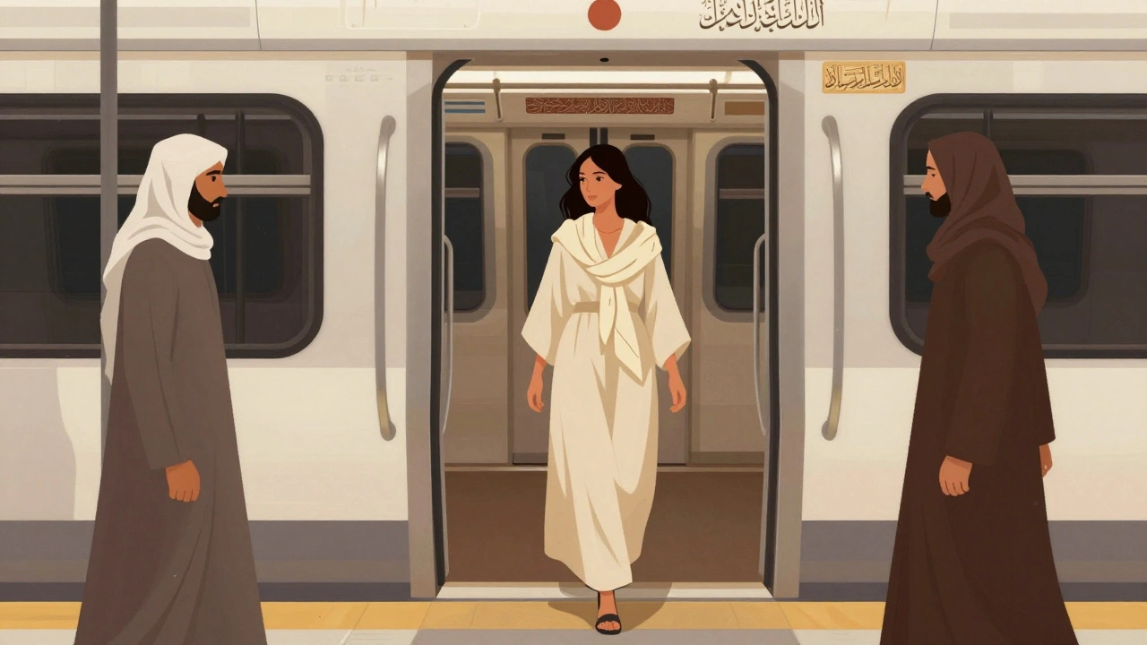 Woman stepping off Dubai Metro in a flowing dress, scarf on shoulder, blending with locals in culturally appropriate attire.