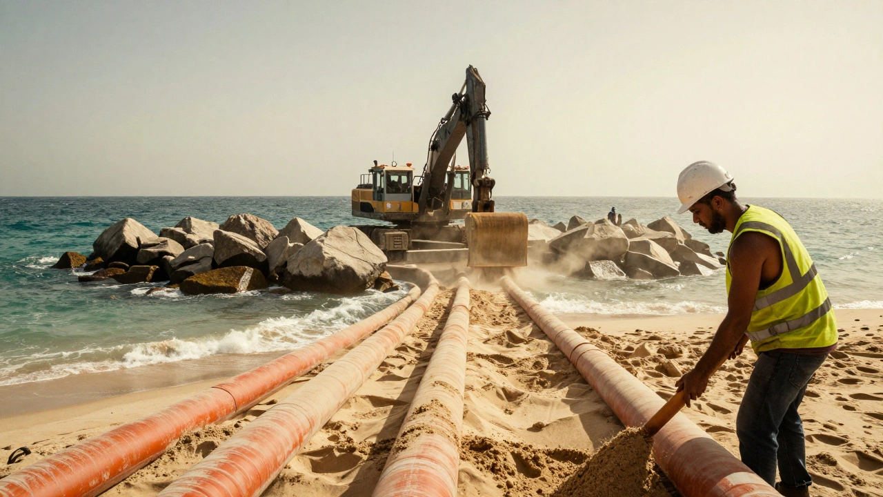 Workers operating dredgers and placing massive rocks to construct the artificial island in the Persian Gulf.