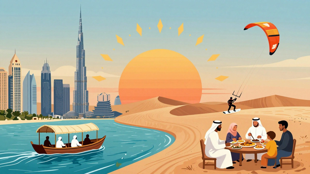 A balanced scene of Dubai's highlights: Burj Khalifa, traditional boat, desert dunes, local meal, and kitesurfers at sunset.