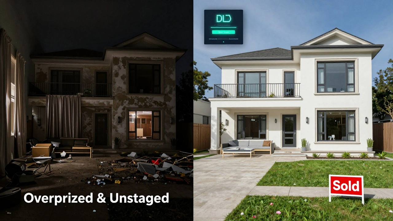 A before-and-after comparison of a villa: cluttered and neglected versus clean, staged, and sold.