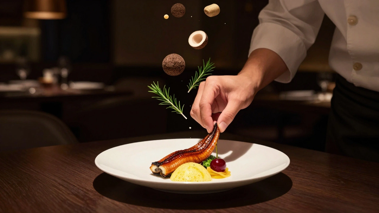 A chef hand-plating smoked eel with yuzu foam at Verre restaurant, ingredients floating around in artistic detail.