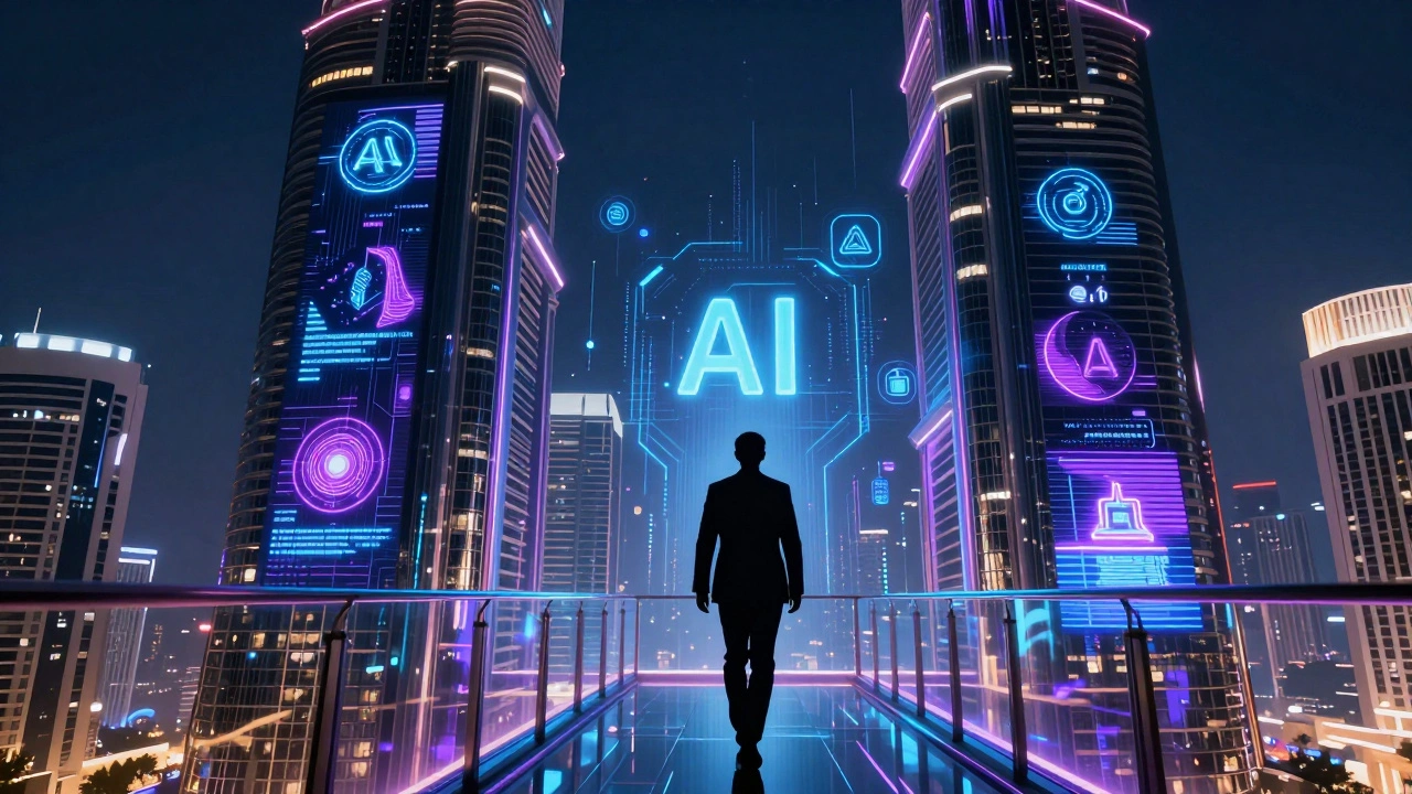 A CTO walks through a glowing futuristic walkway in Dubai surrounded by floating AI and blockchain data streams under a neon-lit skyline.