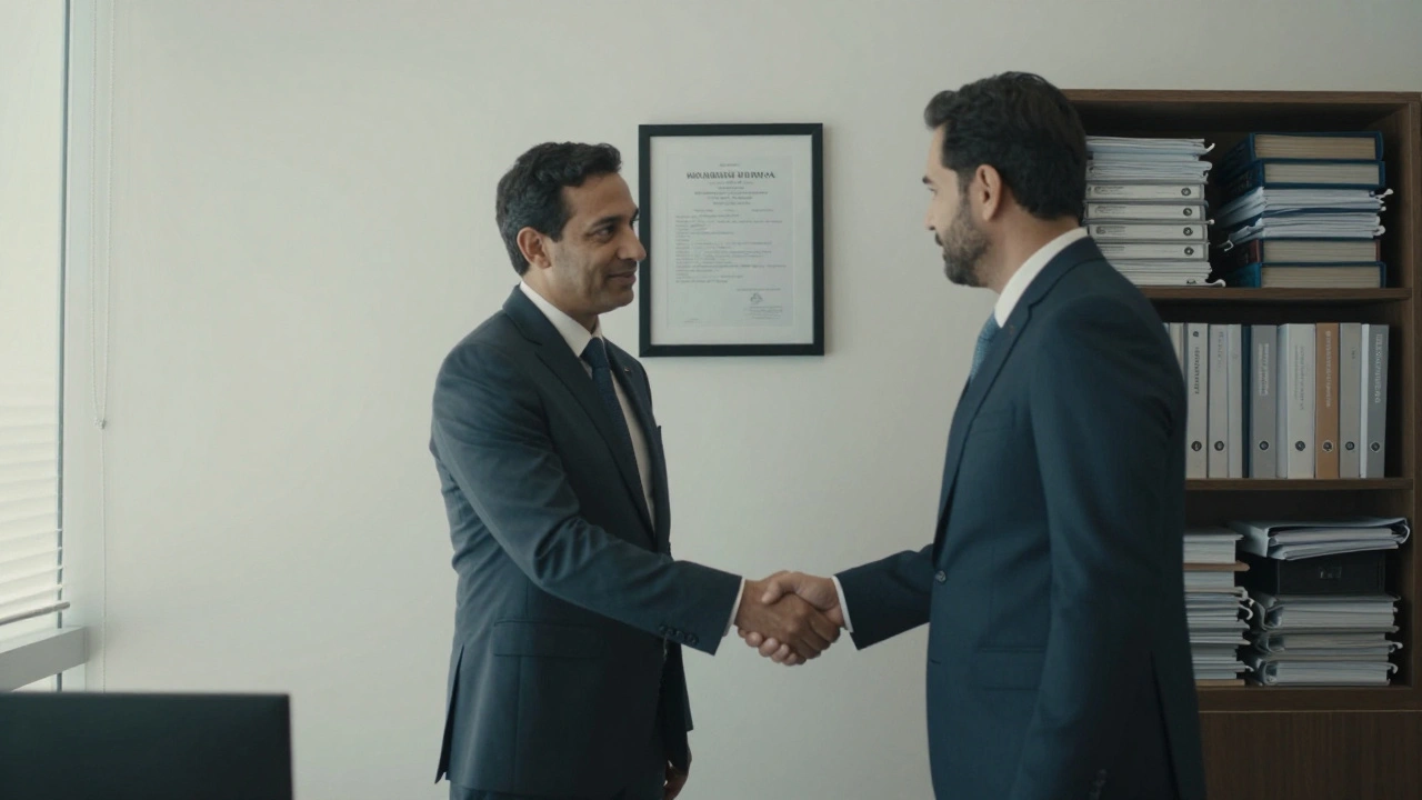A discreet real estate agent shaking hands with a client in a quiet, upscale office.