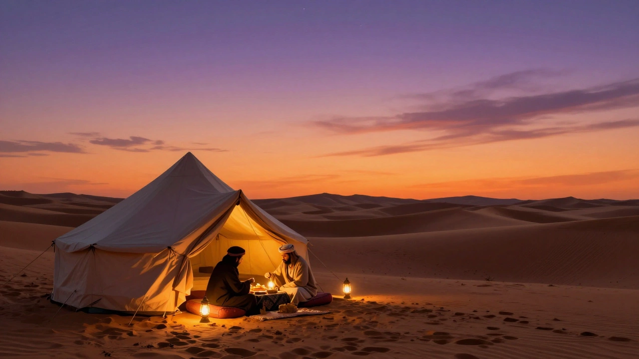 A private desert tent at sunset with two people sharing a meal under lantern light among golden dunes.