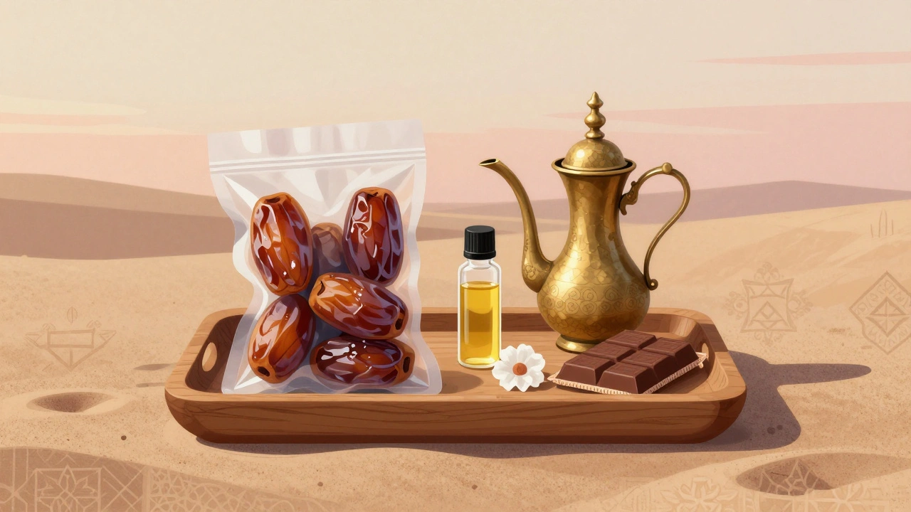 A tray of authentic Dubai souvenirs including dates, oud oil, desert rose, camel chocolate, and a coffee pot on sandy terrain.
