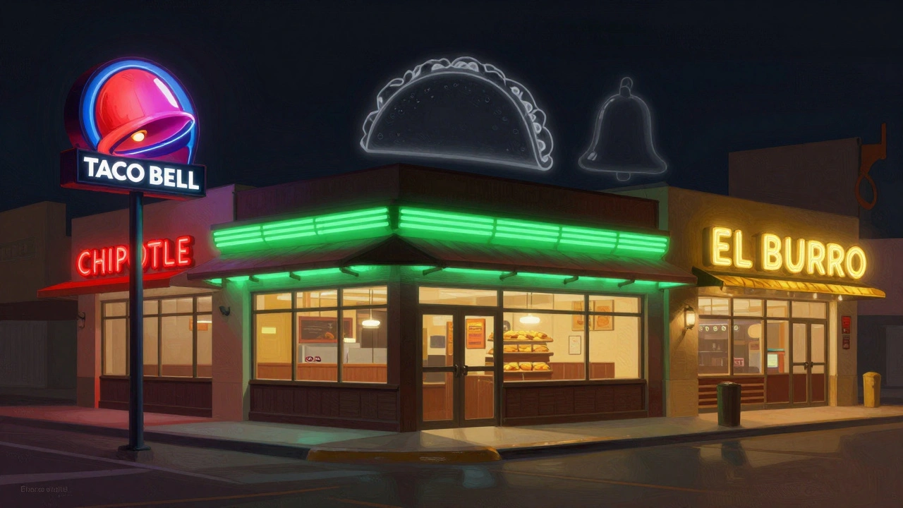 An empty Taco Bell sign in Dubai, overshadowed by glowing alternatives like Chipotle and El Burro.