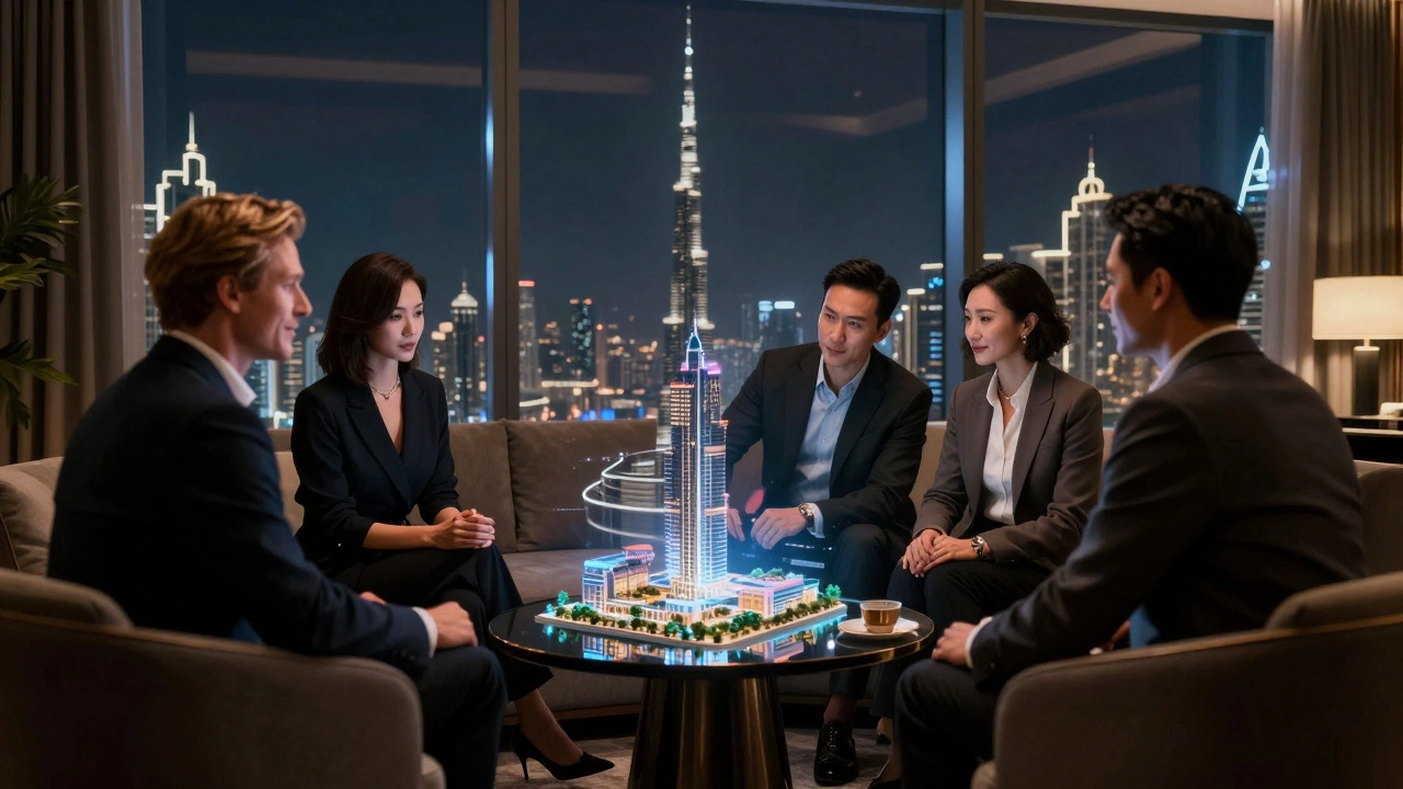 An international client reviewing a 3D property model with a real estate agent in a penthouse lounge.