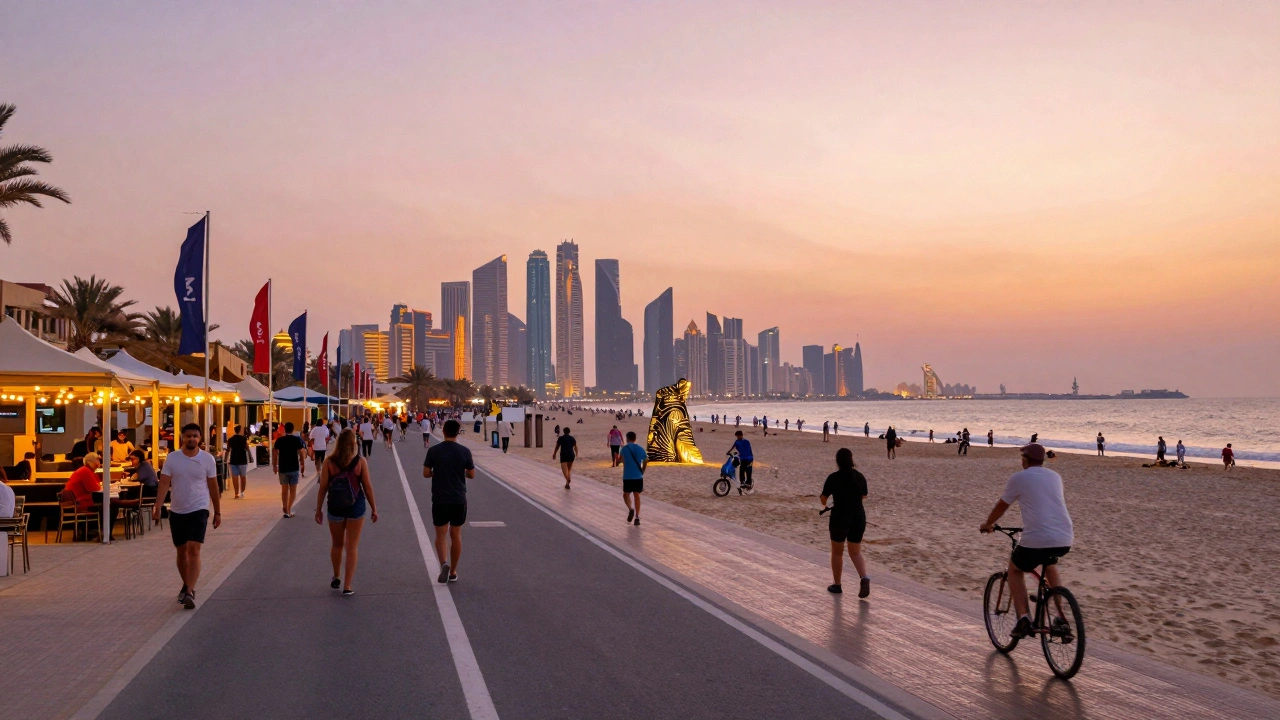 Beachfront promenade at JBR at sunset with walkers, restaurants, and ocean views under glowing string lights.