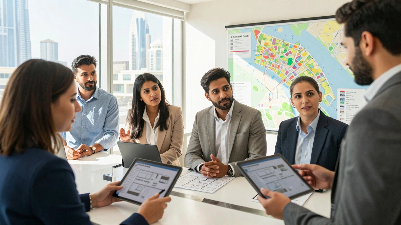 Diverse international buyers and real estate agents in a Dubai office reviewing property data on digital tablets.