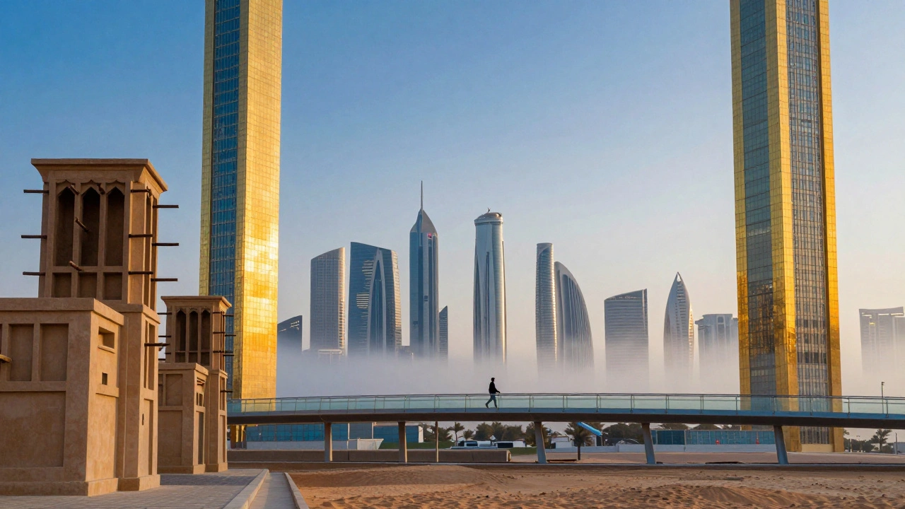 Dubai Frame at dawn, showing traditional and futuristic city views through its golden frame.