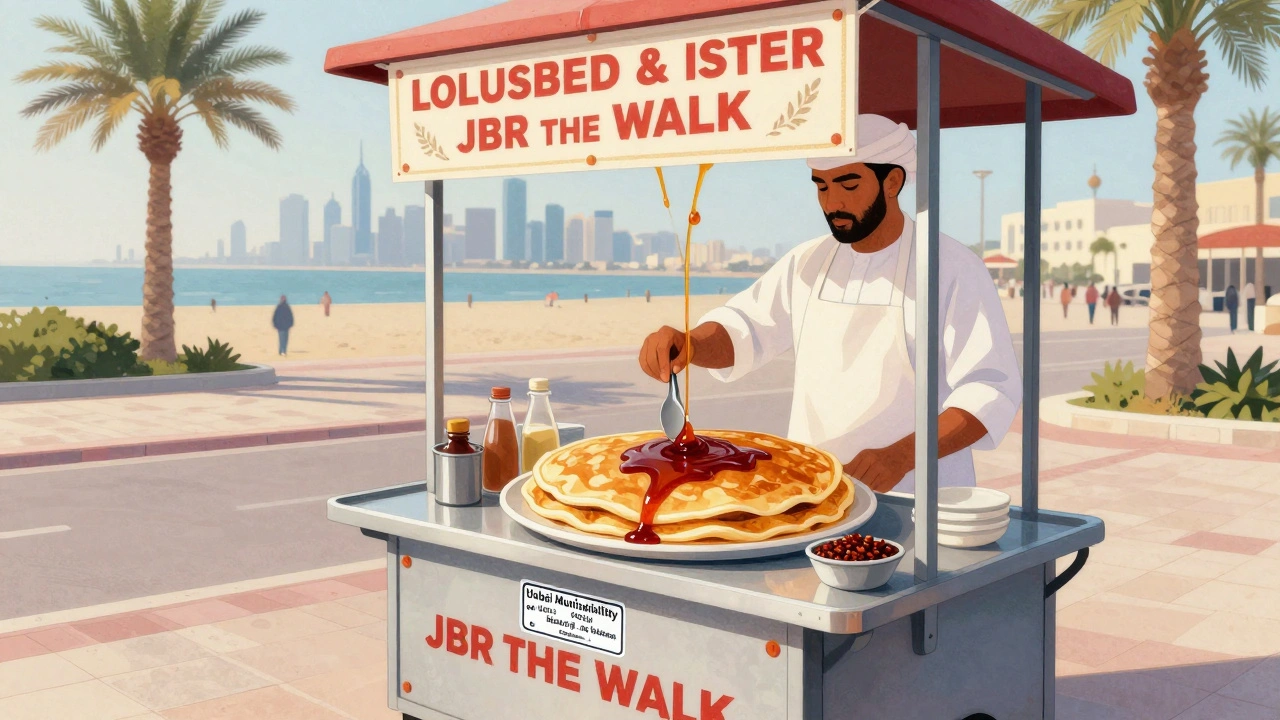 Emirati pancake cart in JBR drizzling date syrup onto crispy pancakes with Dubai skyline in background.