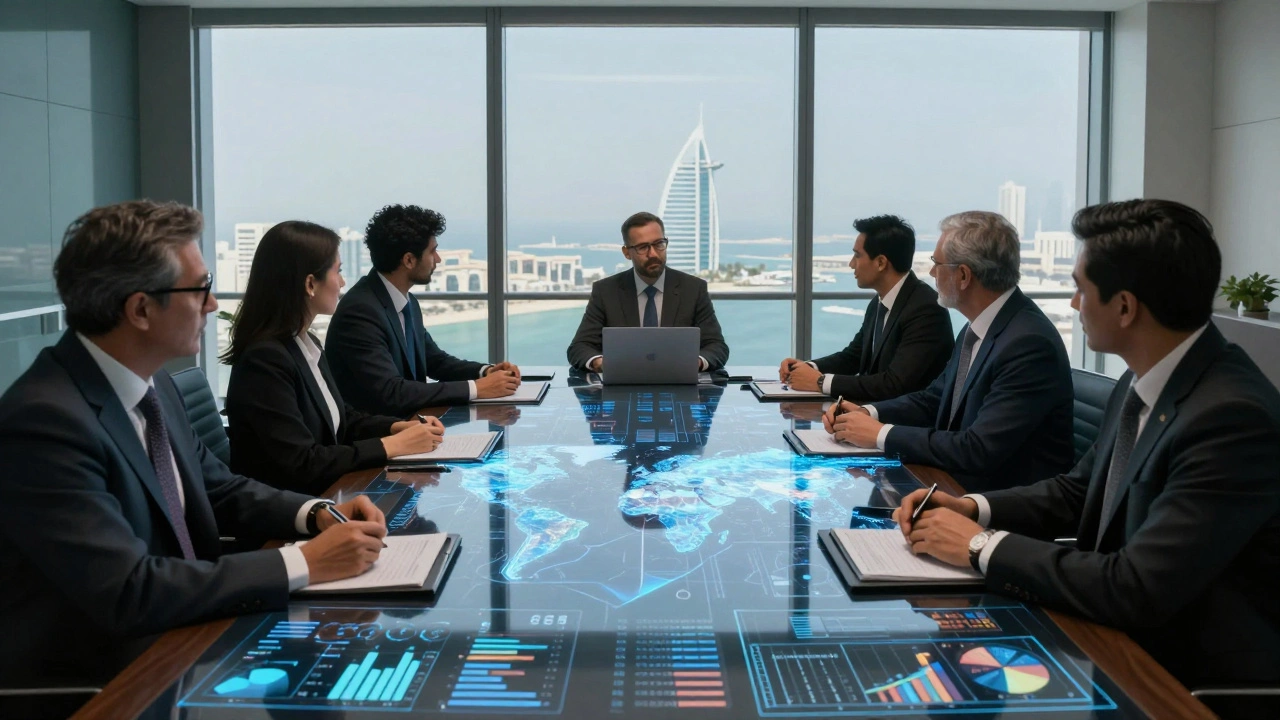 Executives in a high-tech Dubai boardroom analyze global financial data through holograms with the Palm Jumeirah visible through the window.