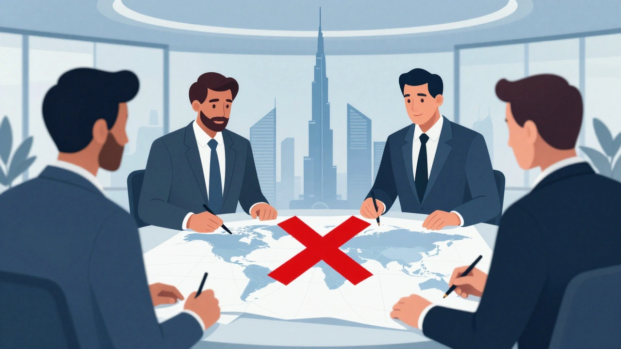 Executives reviewing map with red X over Dubai in office.