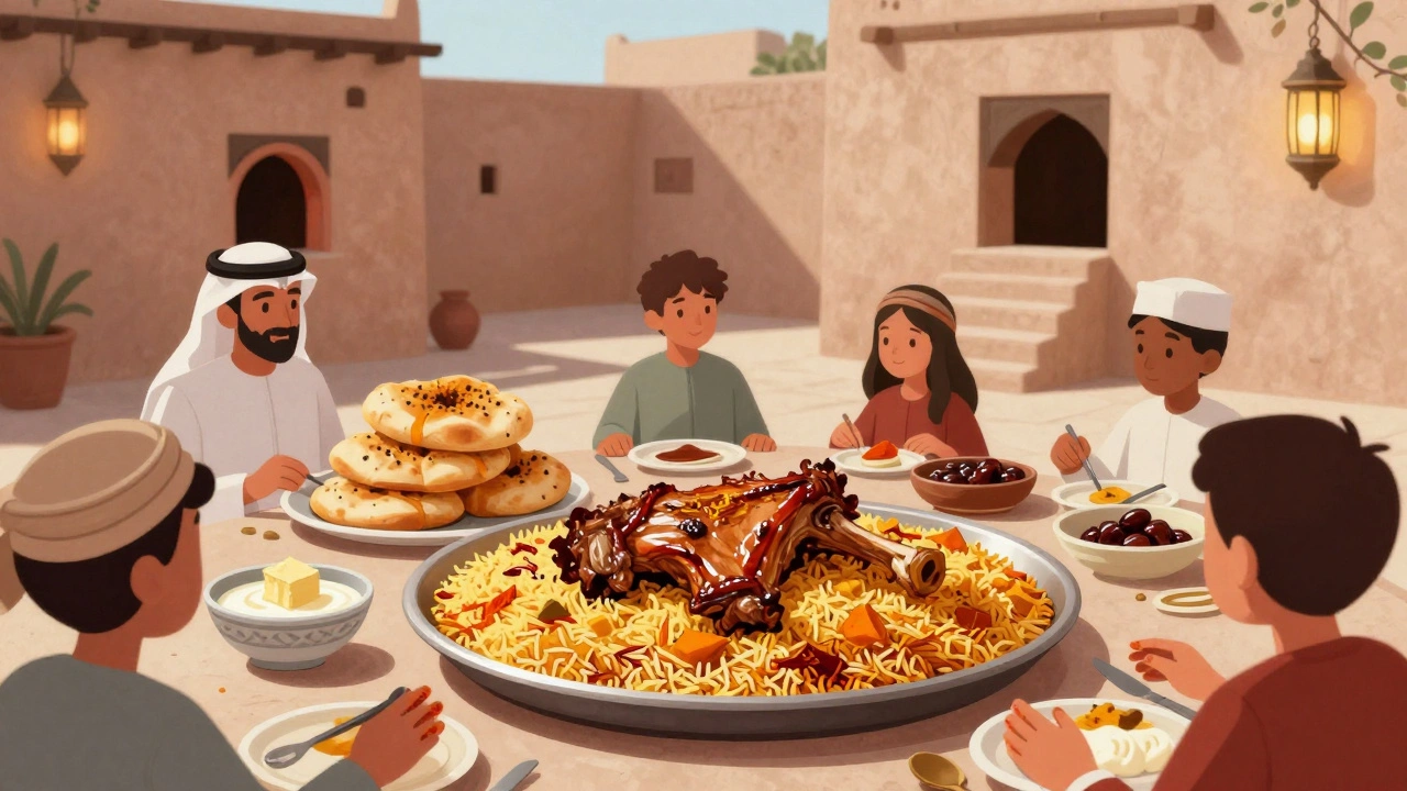 Family sharing Machboos rice and Khameer bread in a traditional Emirati courtyard.