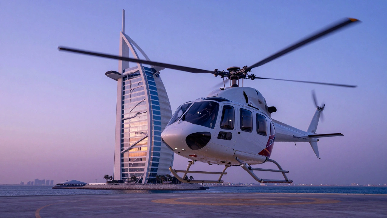 Helicopter at Burj Al Arab helipad preparing for sunset flight over Dubai