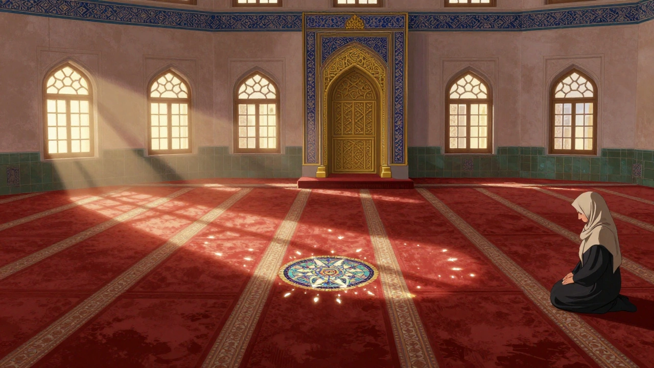 Interior of Jumeirah Mosque prayer hall with red carpets, golden mihrab, and sunlight illuminating mosaic tiles.