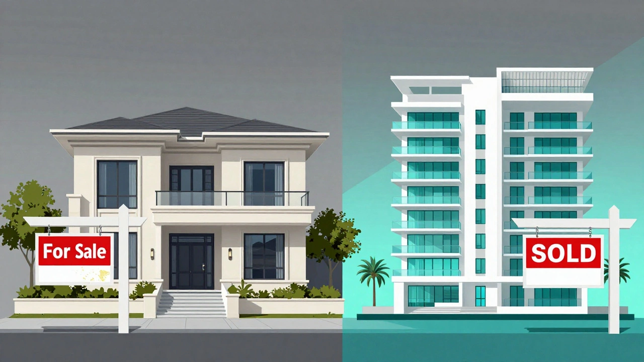 Luxury villa with fading 'For Sale' sign next to a sold apartment in Dubai Marina, symbolizing market shift.