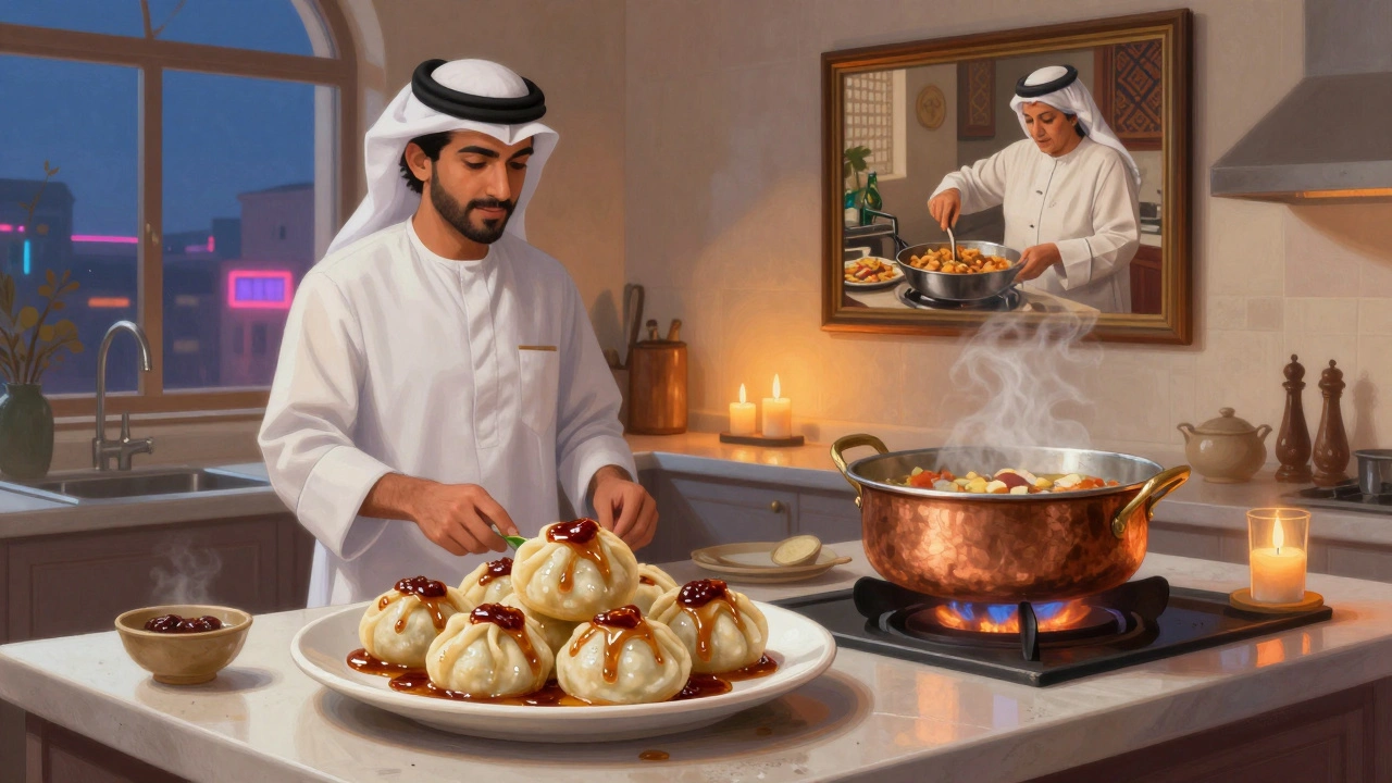 Modern Emirati chef serving vegan Luqaimat beside traditional Harees in a heritage kitchen.