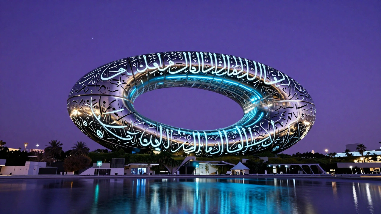 Museum of the Future glowing with illuminated Arabic calligraphy at twilight.