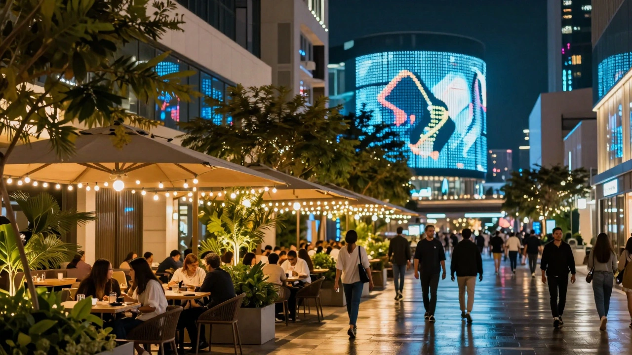 Nighttime scene of City Walk in Dubai with lit terraces, pedestrians, and glowing art installations.