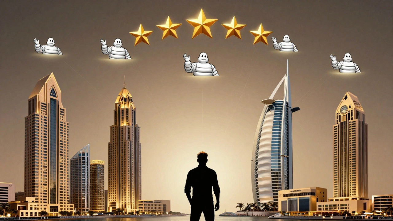 Nine Michelin stars hovering above five Dubai restaurants, connected by light trails to Gordon Ramsay's silhouette.