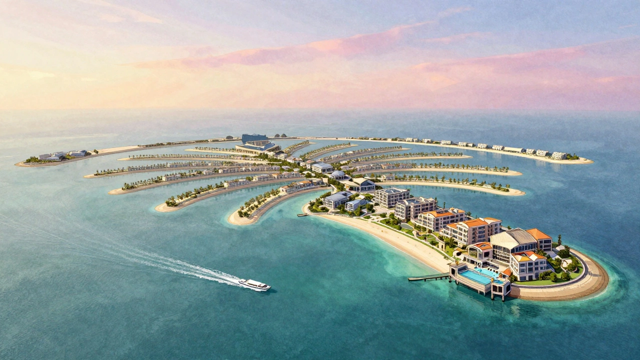Palm Jumeirah island with luxury villas along the waterfront under a twilight sky.